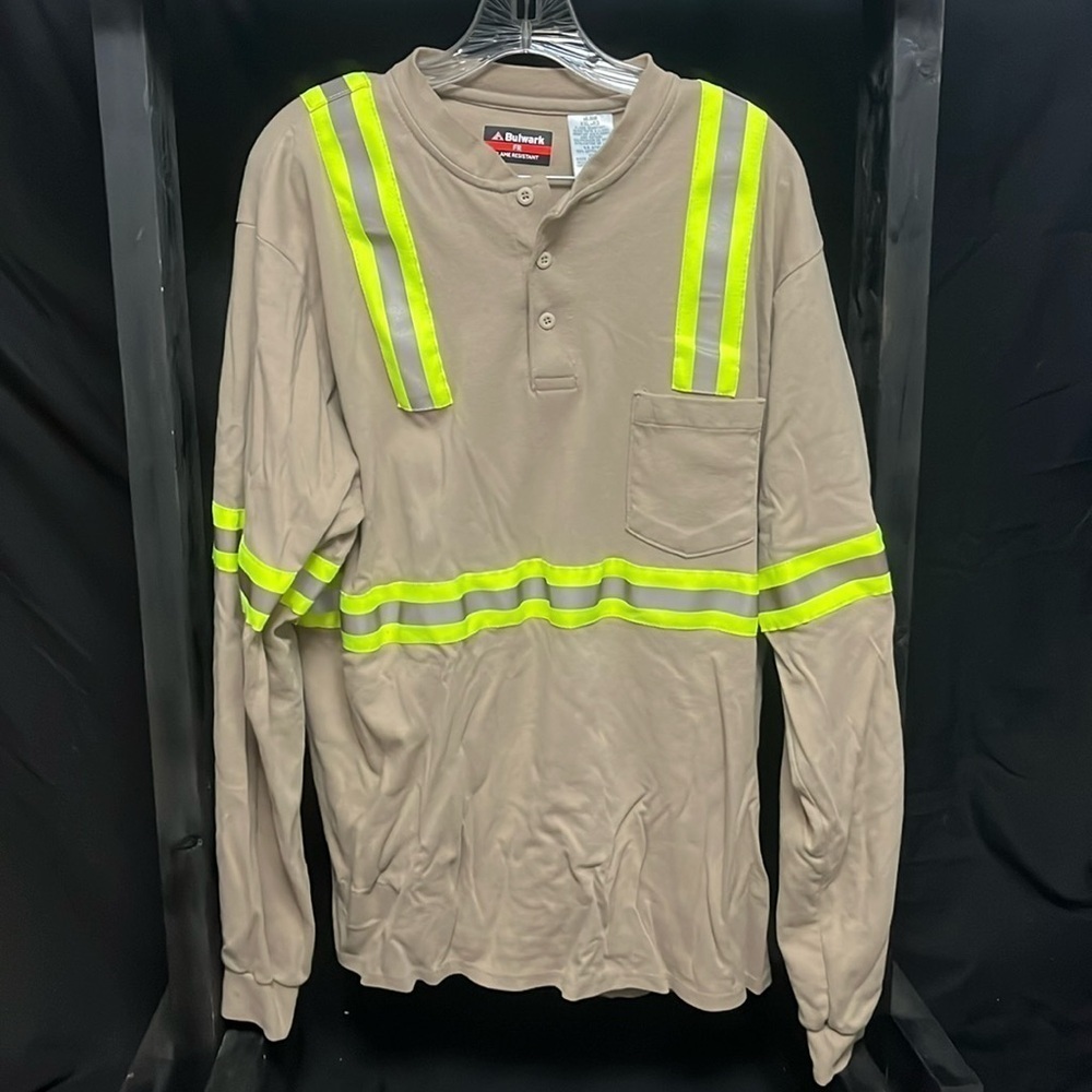Bulwark- flame resistant long sleeve brown Henley shirt with reflective stripes